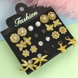 NAVJAI Set of 12 Gold-Plated Metal American Diamond Earrings image 3