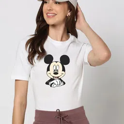 HESHA Women Mickey Mouse Graphic Printed Round Neck Pure Cotton Relaxed Fit T-shirt-image-91