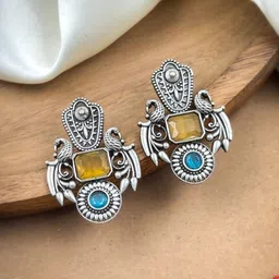 NAMAN ARTS Silver-Plated Artificial Stones Studded & Beaded Oxidised Drop Earrings-picture-25