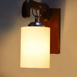 Devansh Brown & Off White Wooden Traditional Cylinder Shaped Wall Lamp image 3