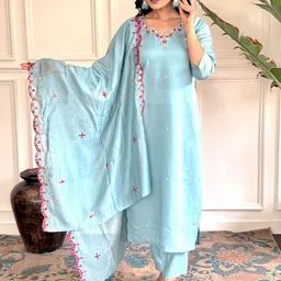 RUNAYA NX Women Floral Embroidered Thread Work Chanderi Silk Kurta with Trousers & Dupatta-picture-16