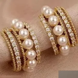 Nellist Gold-Plated Artificial Stones & Pearls Studded Semi Circular Half Hoop Earrings image 2