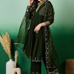 Sangria Green Floral Embroidered Sequinned Pleated A-Line Kurta With Trousers & Dupatta-picture-1