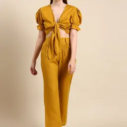 Bannos Swagger Mustard Yellow V-Neck Tie Up Linen Top With Trousers image 1
