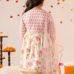 BAESD Girls Floral Printed Angrakha Sequinned Pure Cotton Kurta & Sharara With Dupatta Set image 4