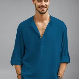 Navkanj Band Collar Roll-Up Sleeves Straight Short Kurta-picture-24