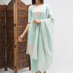 Vishudh Ethnic Motifs Embroidered Thread Work Straight Kurta With Trousers & Dupatta-image-7