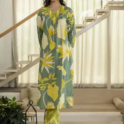 AUTUMN LANE Mahua Basil Floral Printed V-Neck Pure Cotton Straight Kurta With Trouser image 5