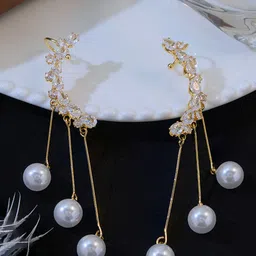 Krelin Korean Gold-Plated Stones Studded & Pearls Beaded Contemporary Tasselled Ear Cuff-picture-6