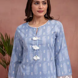 KASYA Printed Round Neck Long Sleeves Pure Cotton Top With Trouser image 3