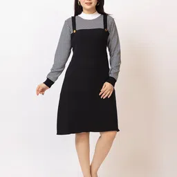 LASOON Women Striped Woollen Mock Neck Long Sleeves Pinafore Dress-picture-25
