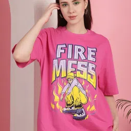 Dreambe Women Fusion Typography Printed Round Neck Cotton Oversized T-shirt-image-4