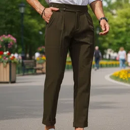 COVZ Men Solid Mid-Rise Comfort Slim Fit Easy Wash Gurkha Pleated Trousers-image-56