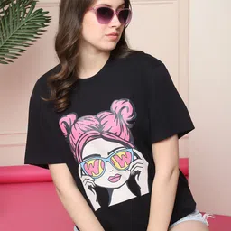 fabflee Women Printed Round Neck Pure Cotton Black T-Shirt image 1