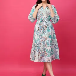 RANGRIWAZ Women Floral Print V-Neck Puff Sleeve Tie-Ups Fit & Flare Midi Dress-picture-20