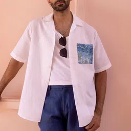 ASUKA Cutaway Collar Thread Work Half Sleeves Linen Relaxed Fit Shirt-picture-26