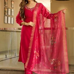 Brand Hill Floral Embroidered V-Neck Thread Work Straight Kurta With Trousers & Dupatta-picture-38