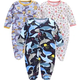 BABY GO Infants Pack Of 3 Printed Cotton Sleepsuits-image-44