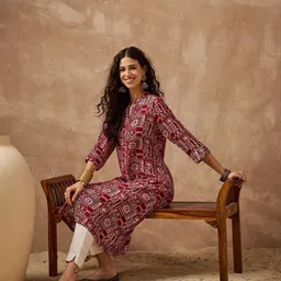 Anouk Floral Printed Mandarin Collar A-Line Kurta image 4
