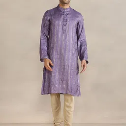 Fabindia Geometric Woven Design Band Collar Straight Long Kurta-image-24