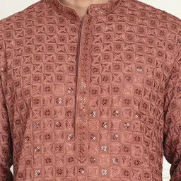 Anouk Brown Geometric Embroidered Sequinned Mandarin Collar Silk Kurta image 5