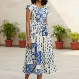 KALINI Ethnic Motifs Print Flutter Sleeve Fit & Flare Midi Dress image 5