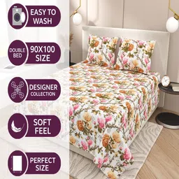INDRA'S White & Yellow Floral 144 TC Bedsheet with 2 Pillow Covers image 5