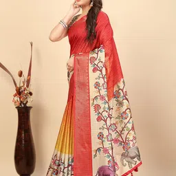 SSHAGUN LIFESTYLE Red Self Design Checkered Printed Madhubani Cotton Silk Saree image 5
