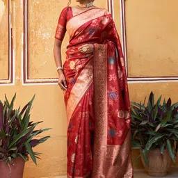 KALINI Red Banarasi Silk Floral Saree with Unstitched Blouse Piece-picture-18
