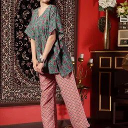 HERE&NOW Floral Printed Pure Cotton Kaftan & Trousers Co-Ords image 2