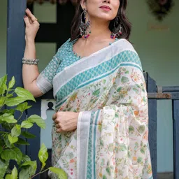 MAHARANI COUTURE Floral Printed Woven Design Border Pure Linen Banarasi Saree image 5