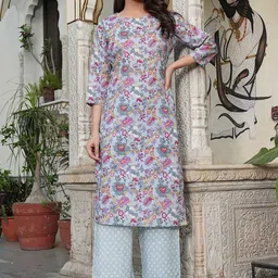 Viharini Floral Printed Pure Cotton Round Neck Straight Kurta With Palazzos-picture-22