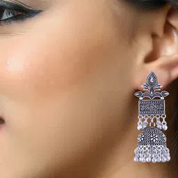 Anouk White Rhodium-Plated Dome Shaped Oxidised Jhumkas image 3