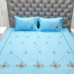 Arsha Chikannkari Blue Floral King Bedsheet with 2 Pillow Covers-picture-24