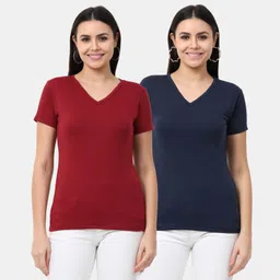 wafaa Pack of 2 Women Solid V Neck Pure Cotton Maroon, Navy Blue T-Shirt-picture-16