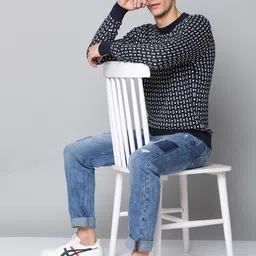 BEN SHERMAN Men Navy Blue & White Pure Cotton Printed Pullover image 3