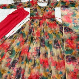 grishu collection Floral Print Anarkali Kurta, Bottom & Dupatta Set image 5