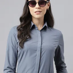 english navy Women Regular Fit Self Design Spread Collar Formal Shirt image 2