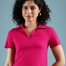DressBerry Women Solid Polo Collar Cotton Boxy T-shirt-image-75
