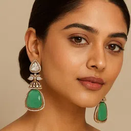 TJC Unisex Gold Plated Artificial Stones Studded Teardrop Shaped Drop Earrings-picture-27