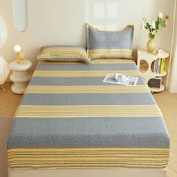 JC HOME Grey & Yellow Striped Cotton 240 TC Single Bedsheet with 1 Pillow Cover-1.2m x 2m-picture-28