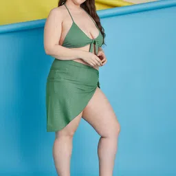 Curves By ZeroKaata Plus Size Halter Ribbed Beachwear Swim Bikini Set With Sarong image 3