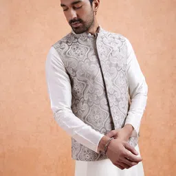 KISAH Men Grey Ethnic Motifs Mid Kurta Jacket Trouser Set image 5