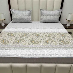 Pure Decor Grey & Beige Floral 350 TC King Bedsheet with 2 Pillow Covers image 1