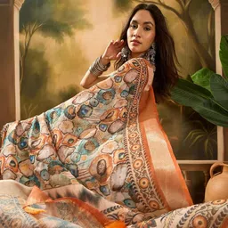 Maroosh Floral Printed Zari Linen Cotton Saree With Blouse Piece-image-37