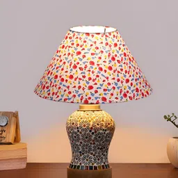 Devansh White Floral Printed Frustum Shaped Wooden Table Lamp With Mosaic Glass Base image 4