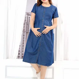 EASY MOM Round Neck Cotton Denim Maternity Fit and Flare Midi Dress-image-68