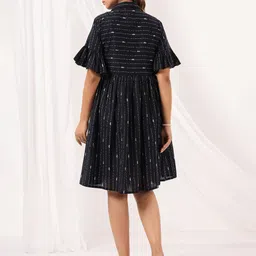 Janasya Women's Black Cotton Abstract Printed A-line Dress image 4