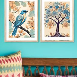 Kotart Brown & Blue 2 Pieces Bird On Tree Printed Wooden Wall Arts-picture-45