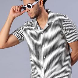V-Mart Men Vertical Striped Cuban Collar Cotton Casual Shirt-picture-32